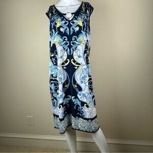 JM Collection Navy Floral Scroll Midi Dress with Yellow & White Accents